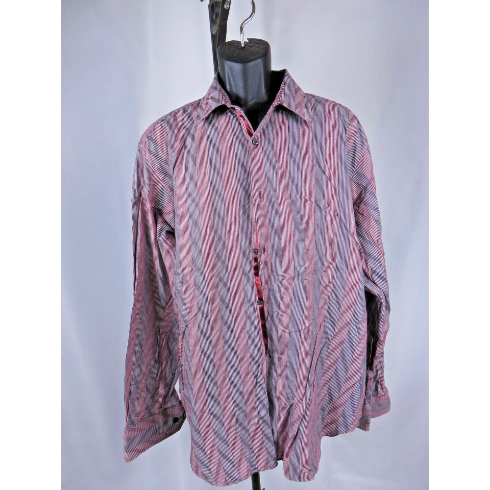 Mens Bugatchi Uomo Striped Herringbone Reds Maroon 100% Cotton Size XL